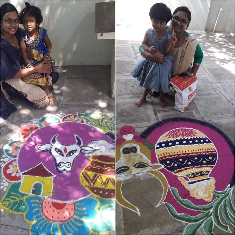 Pongal rangoli with parents